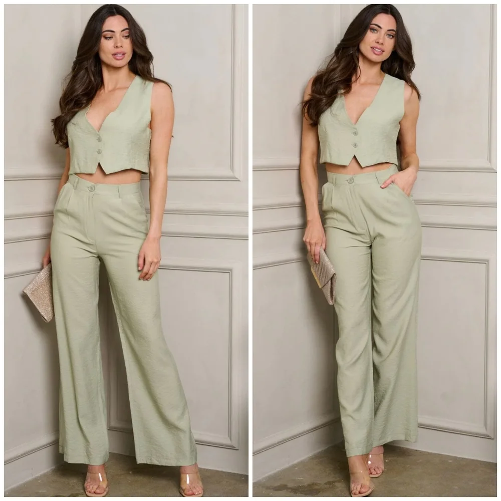 GALITA Sage Green 2-Piece Vest And Pants Set - Picture 2 of 7